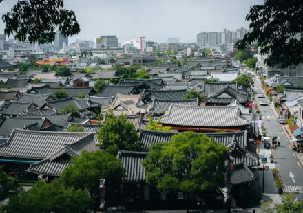 한국 전통마을 방문 한옥 지붕 항공뷰