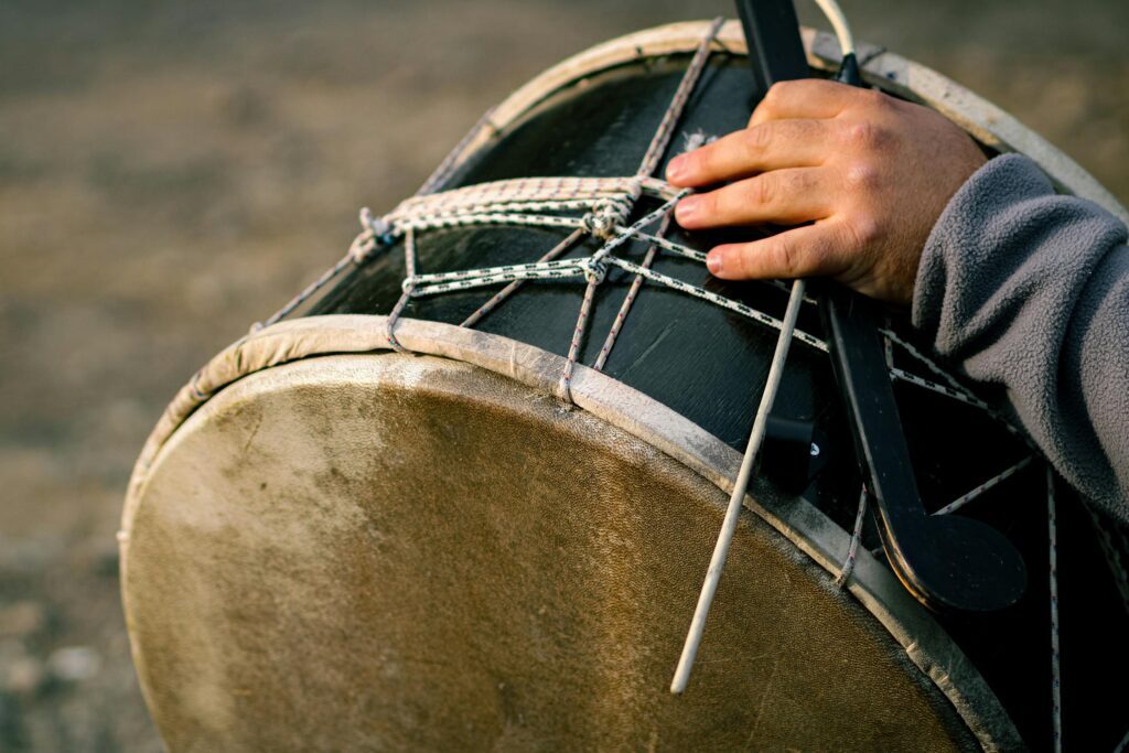 Nongak festival drum performance — kkwaenggwari, janggu, buk and jing playing together at a Korean folk stage