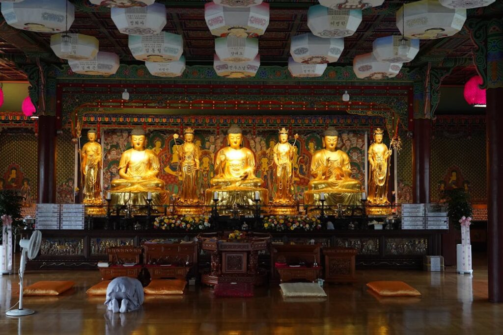 Korea temple stay dawn chanting — temple bell sound and mountain ridges