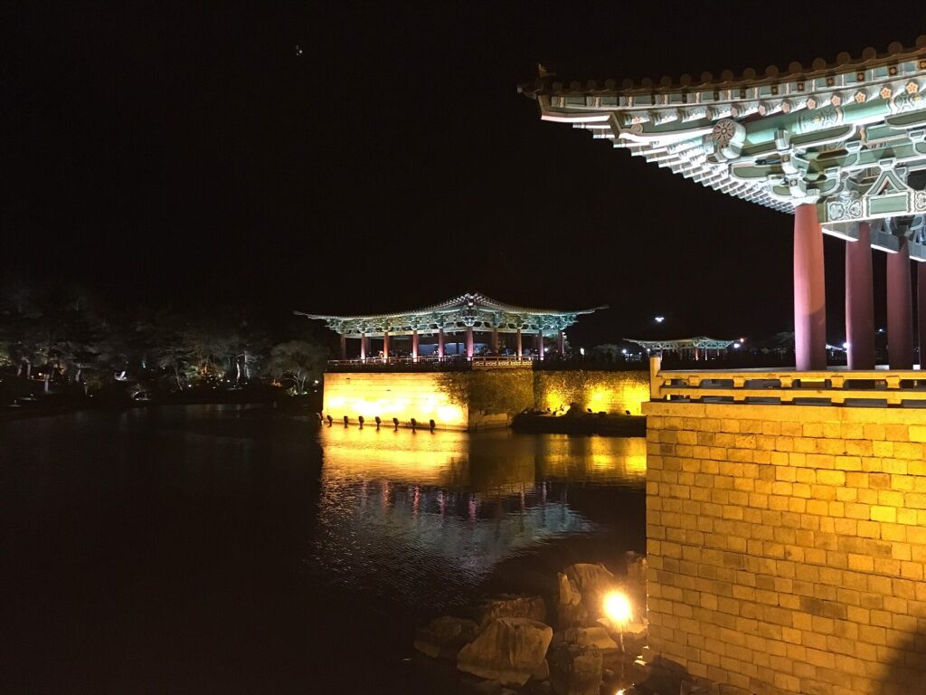 Gyeongju Donggung Wolji night view pavilion lit reflection