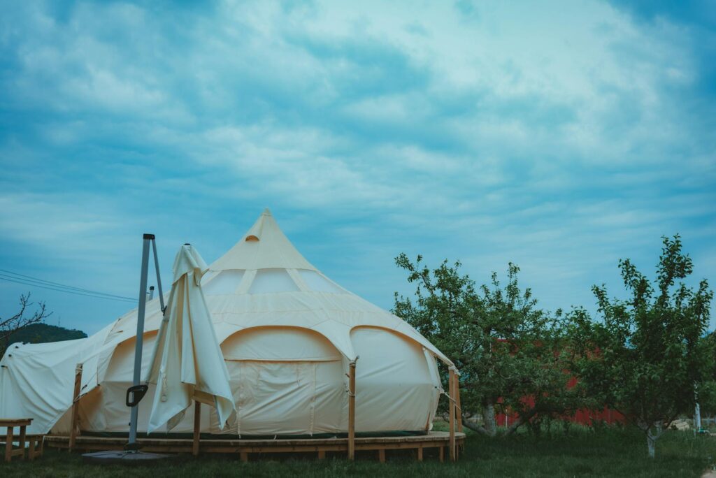 Summer camping glamping — fully equipped glamping tent interior